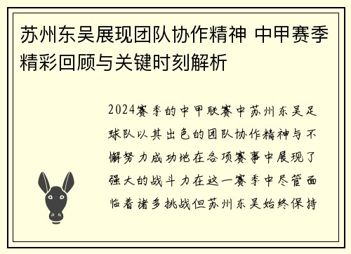 苏州东吴展现团队协作精神 中甲赛季精彩回顾与关键时刻解析