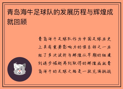 青岛海牛足球队的发展历程与辉煌成就回顾