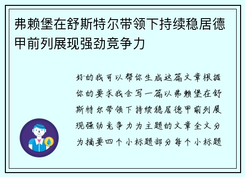 弗赖堡在舒斯特尔带领下持续稳居德甲前列展现强劲竞争力